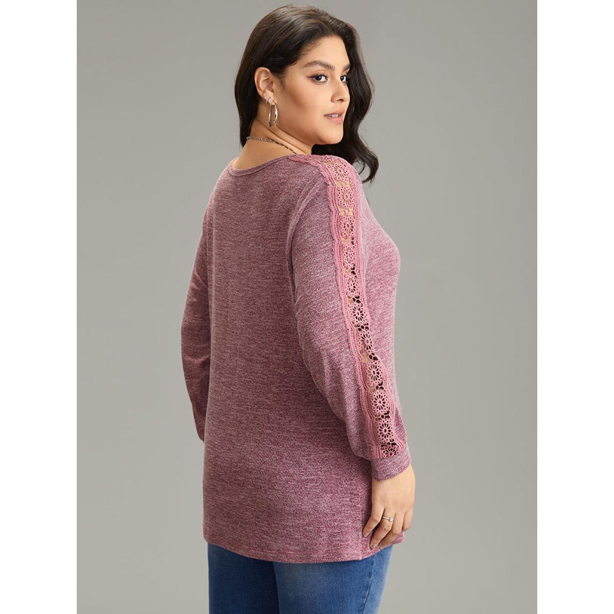 Plus Size Plain Contrast Lace Crew Neck T-shirt DustyPink Women Casual Plain Plain Round Neck Dailywear T-shirts BloomChic 12/L Product Image
