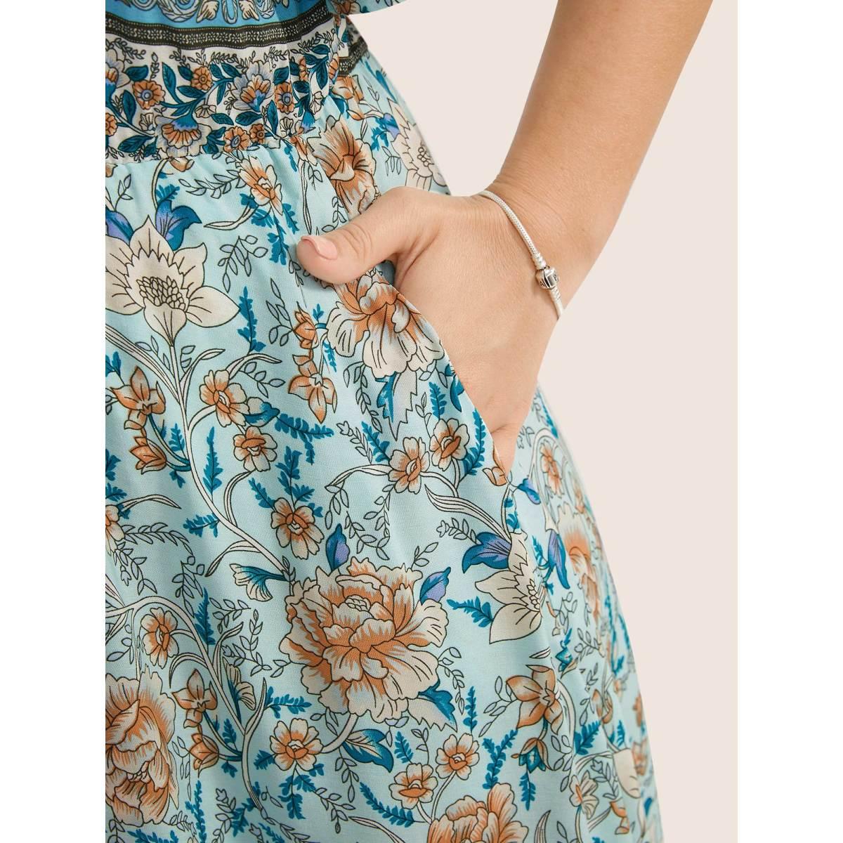 Plus Size Floral Print Pocket Keyhole Ruffles Cold Shoulder Maxi Dress Emerald Women Boho Non Non Half Sleeve Curvy Long Dress BloomChic 18-20/2X Product Image