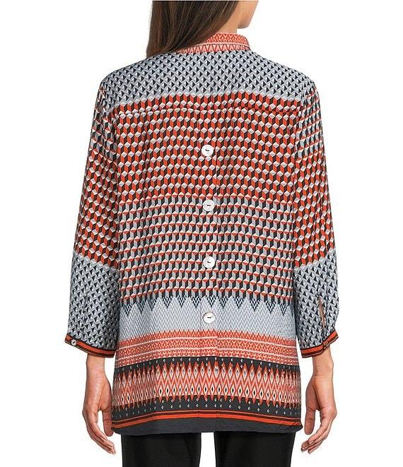 Ali Miles Woven Chevron Geo Print Wire Collar 3/4 Cuff Sleeve Hi-Low Hem Button Front Tunic Product Image