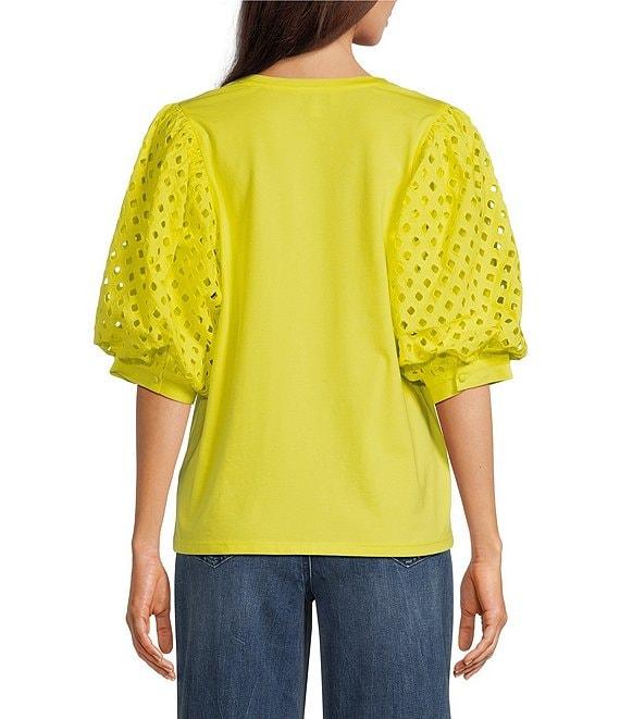 Gibson & Latimer Knit Contrast Eyelet Crew Neck Short 3/4 Balloon Sleeve Top Product Image