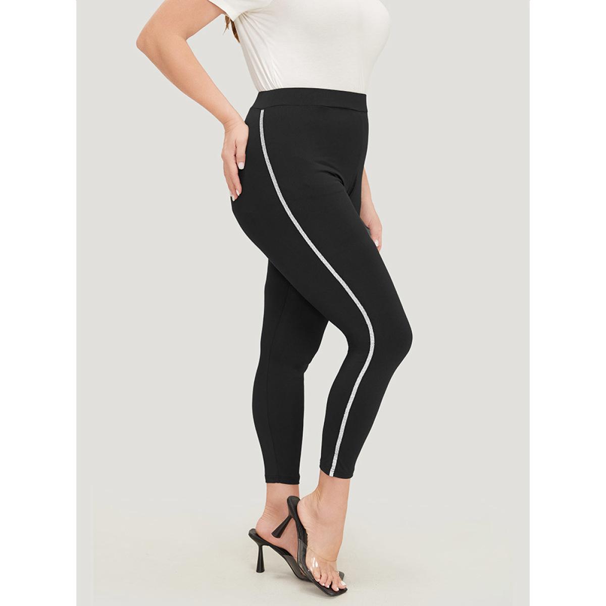 Plus Size Glitter Contrast Side Skinny Leggings Women Black Elegant High stretch Skinny High Rise Dailywear Leggings BloomChic 14-16/1X Product Image