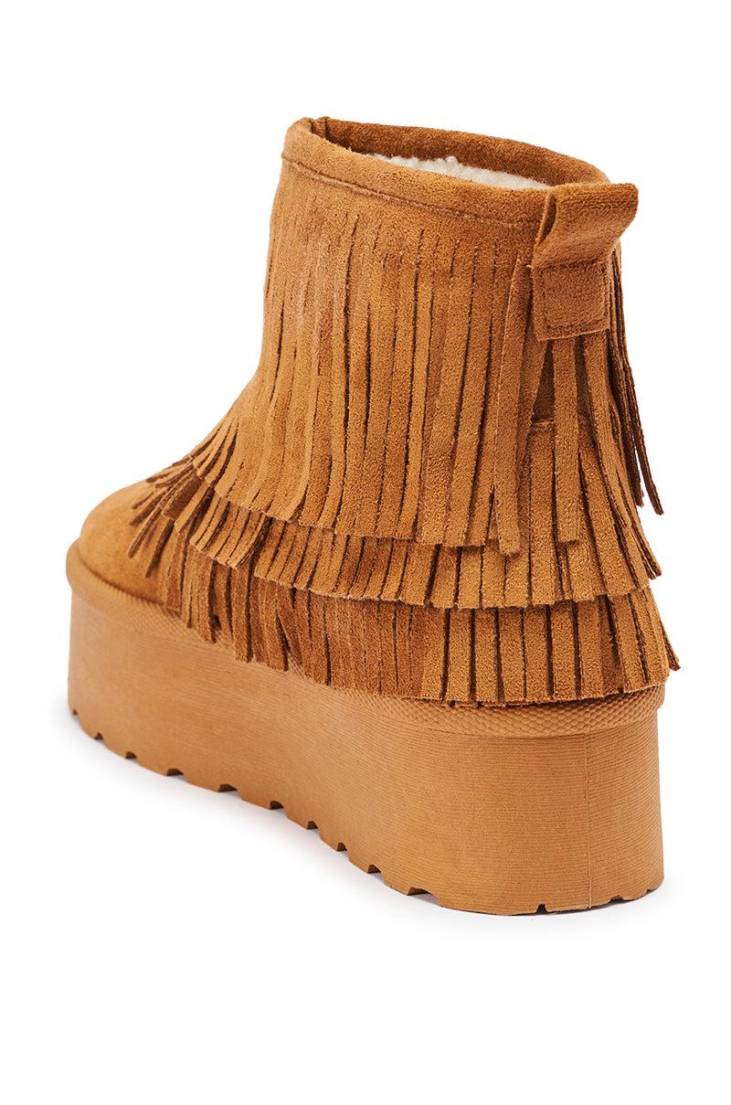 AKIRA BROWN FAUX SUEDE FRINGE BOOTIE Product Image