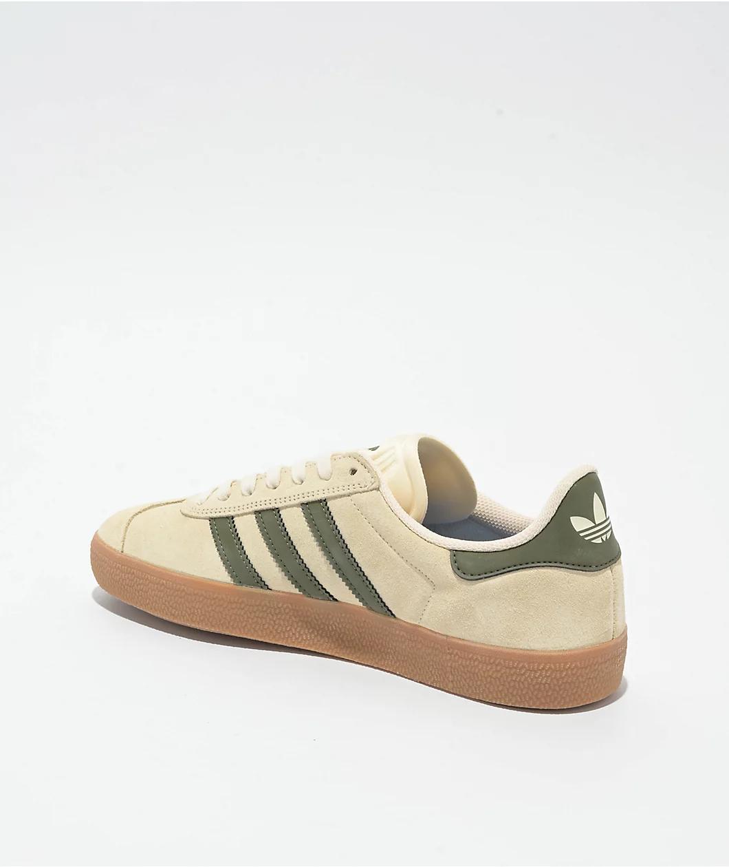 adidas Gazelle ADV Ecru Tint, Focus Olive & Gum Skate Shoes Product Image