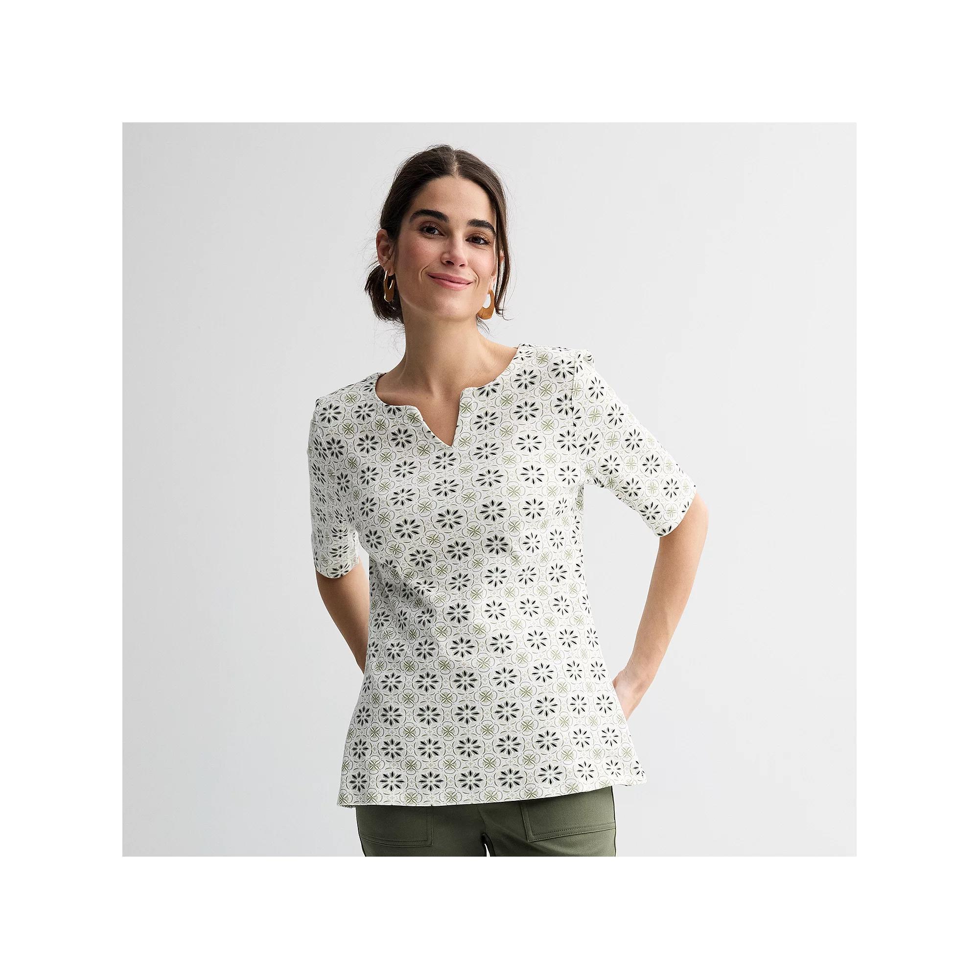 Womens Croft & Barrow Elbow-Sleeve Splitneck Top Product Image