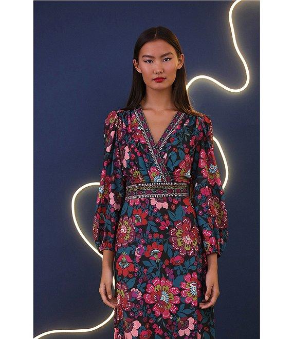 Donna Morgan Stretch Floral Printed Surplice V Neckline Long Puff Sleeve Maxi Dress Product Image