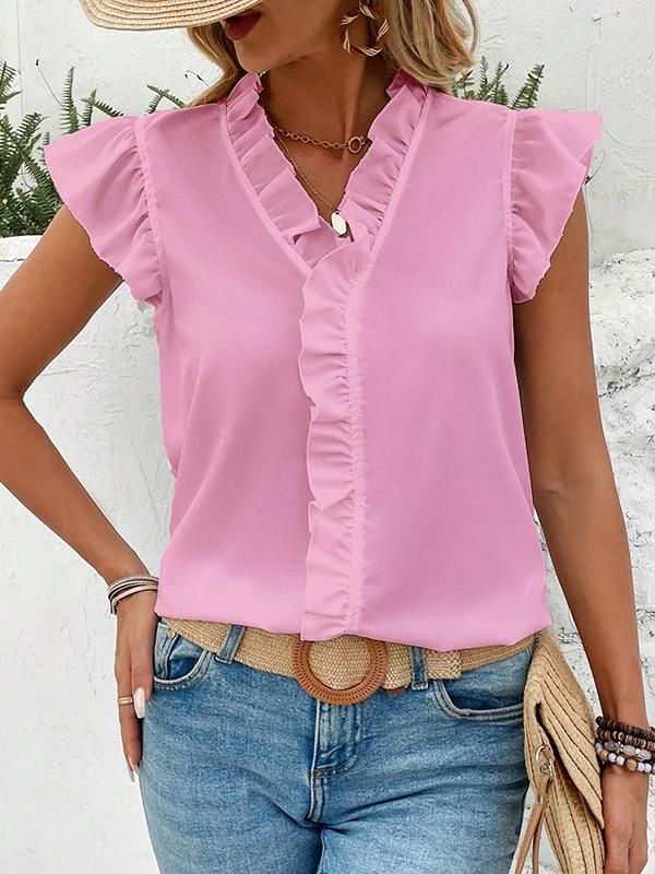 Loose Sleeveless Pleated Ruffle Trim Solid Color V-Neck Blouses&Shirts Tops Product Image