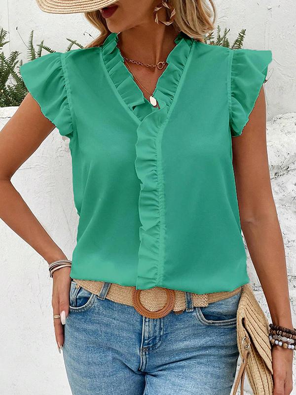 Loose Sleeveless Pleated Ruffle Trim Solid Color V-Neck Blouses&Shirts Tops Product Image