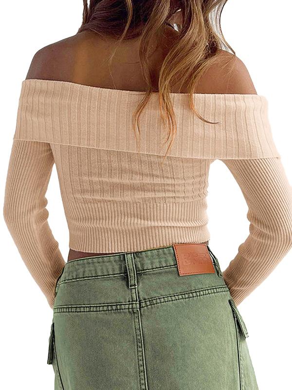 Solid Off Shoulder Cropped Knit Sweater Product Image