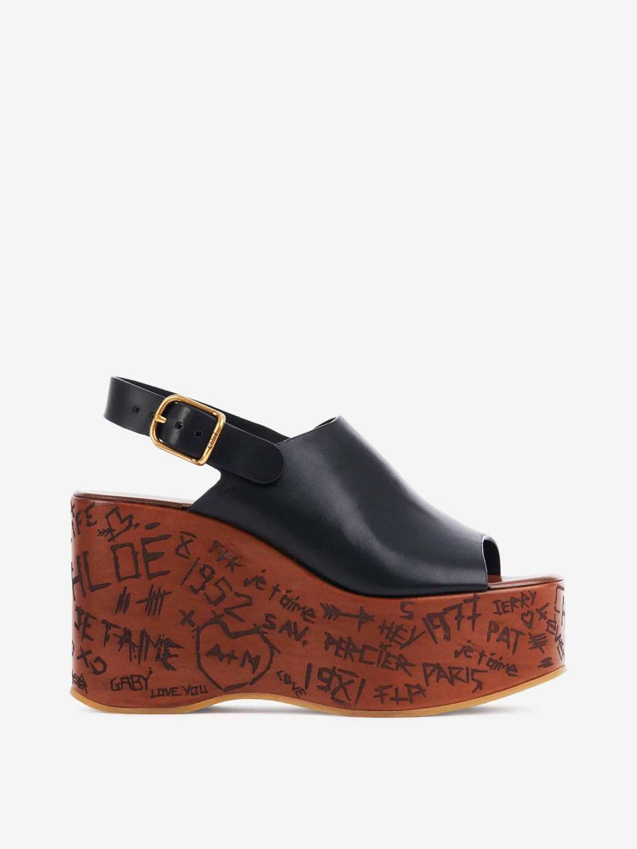 CHLOÉ Maxime Leather Slingback Platform Wedge Sandals In Black Product Image