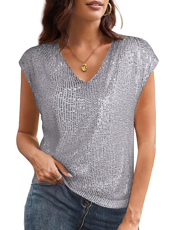 Batwing Sleeves Loose Sequined Shiny V-Neck T-Shirts Tops Product Image