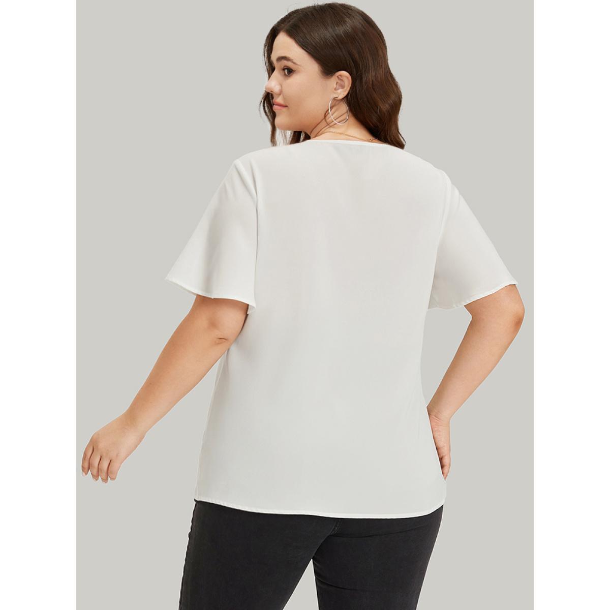 Plus Size White Contrast Webbing V Neck Ruffle Sleeve Blouse Women Party Short sleeve V-neck Going out Blouses BloomChic 18-20/2X Product Image
