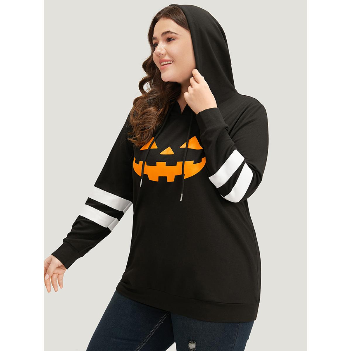 Plus Size Halloween Print Striped Patchwork Hooded Drawstring Sweatshirt Women Black Casual Elastic cuffs Festival-Halloween Sweatshirts BloomChic 10/M Product Image
