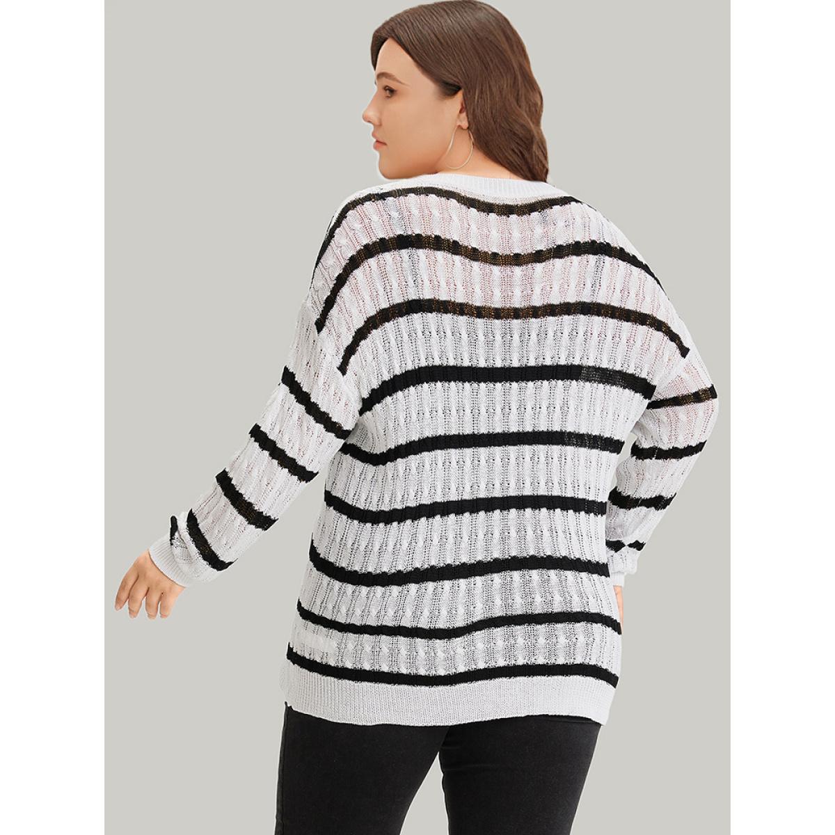 Plus Size Striped Cable Knit Drop Shoulder Pullover White Women Casual Bodycon Long Sleeve Round Neck Everyday Pullovers BloomChic 10/M Product Image