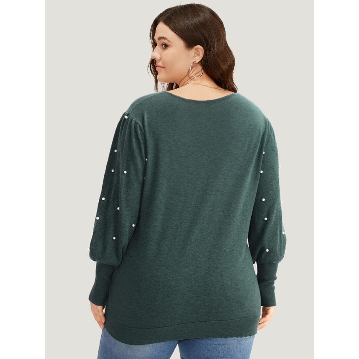 Plus Size Supersoft Essentials Solid Pearl Beaded Elastic Cuffs Pullover DarkGreen Women Casual Long Sleeve V-neck Dailywear Pullovers BloomChic 26/4X Product Image