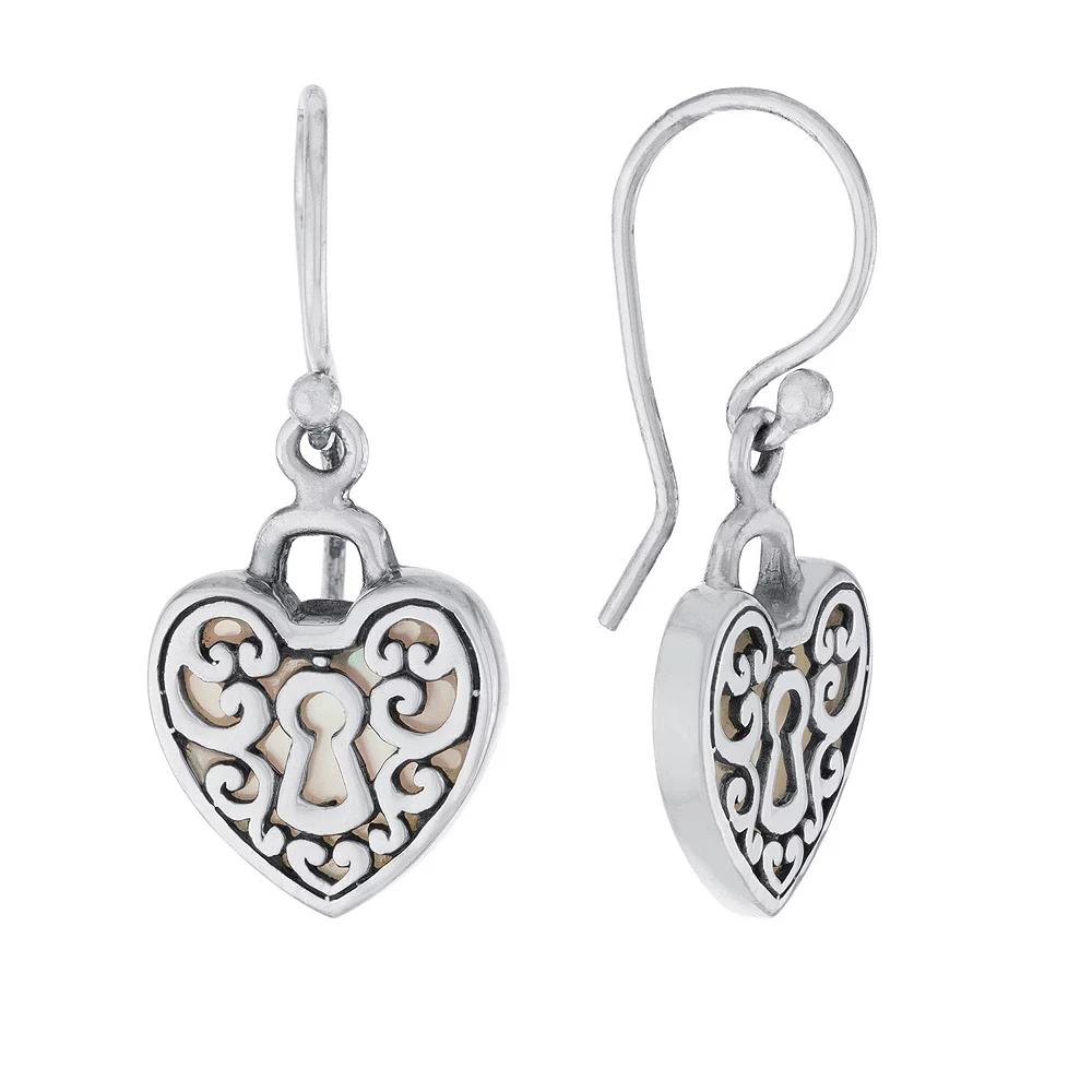 Main and Sterling Oxidized Sterling Silver Mother Of Pearl Heart Lock Drop Earrings, Women's, Silver Tone Product Image