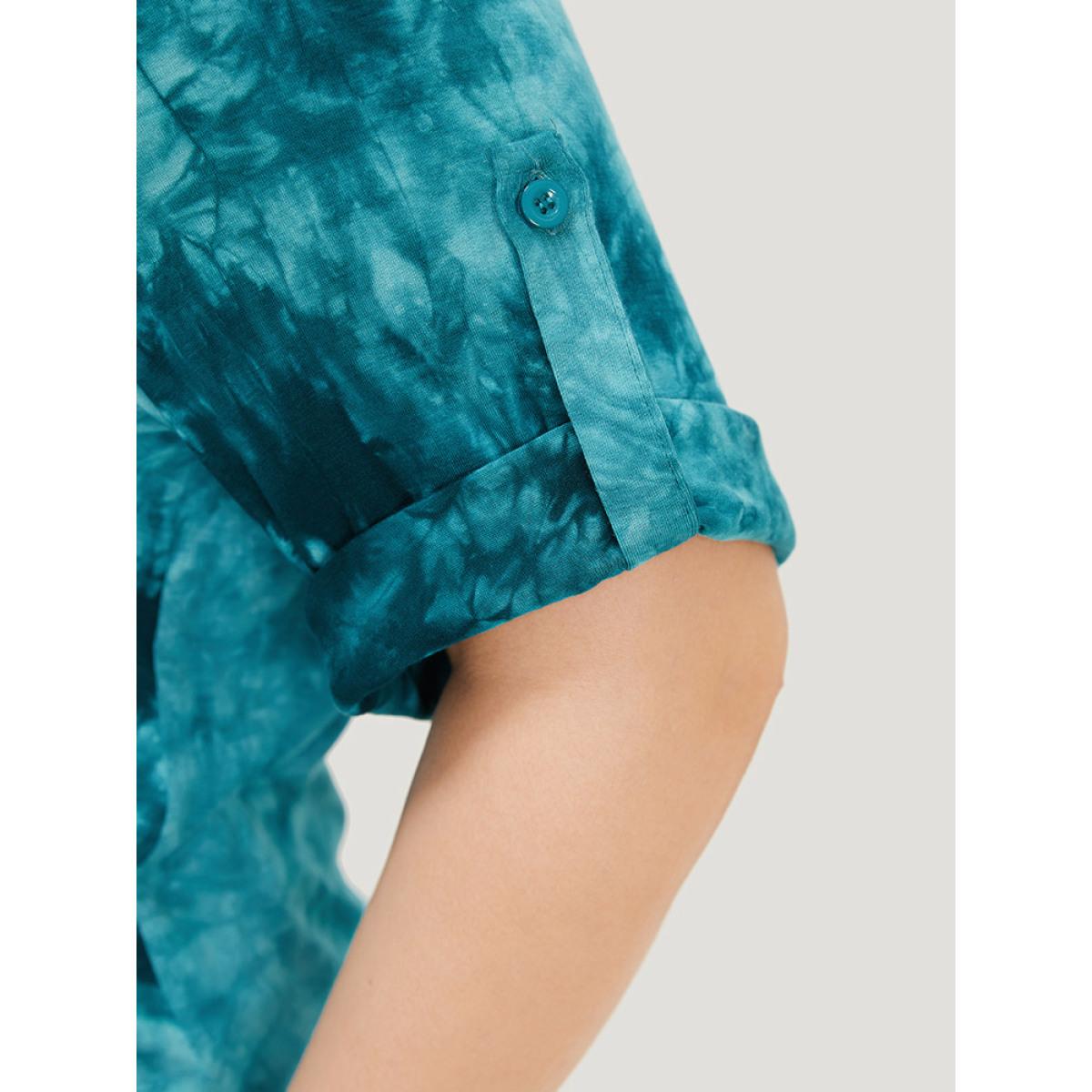 Plus Size Tie Dye Roll Sleeve Lace Up T-shirt Cerulean Women Casual Tie Dye V-neck Dailywear T-shirts BloomChic 18-20/2X Product Image