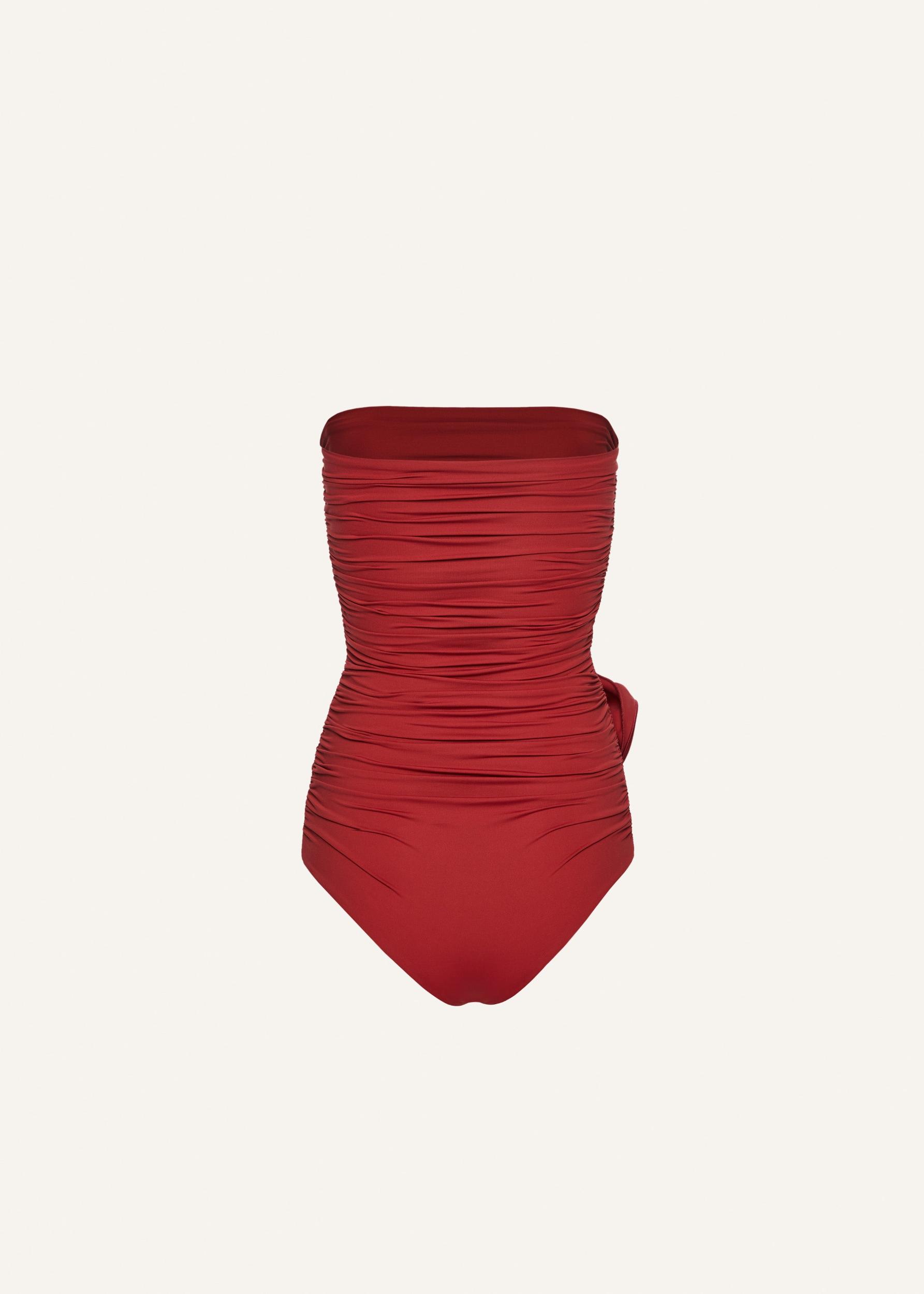 Flower appliqué strapless draped swimsuit in red Product Image