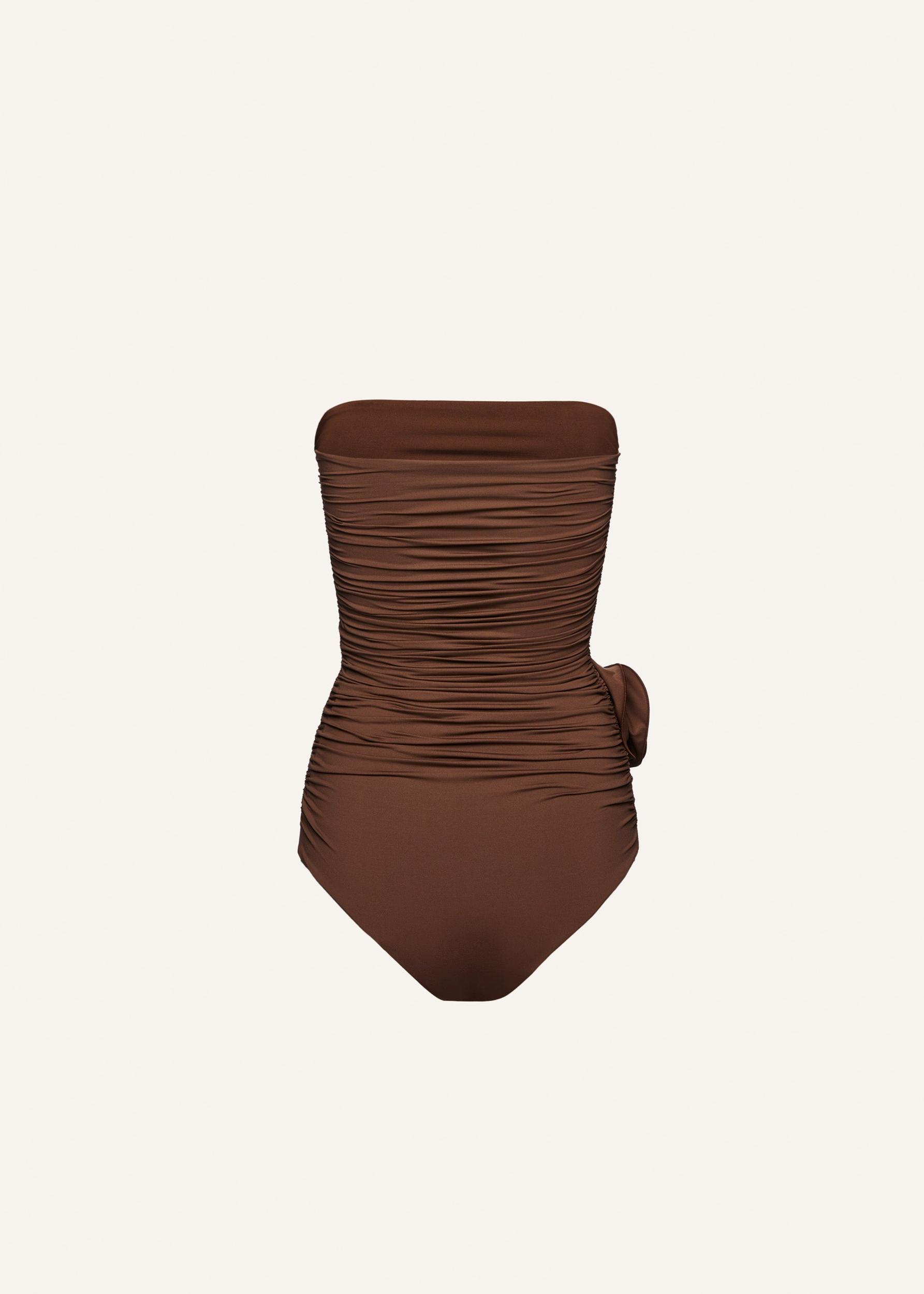 Flower appliqué strapless draped swimsuit in brown Product Image
