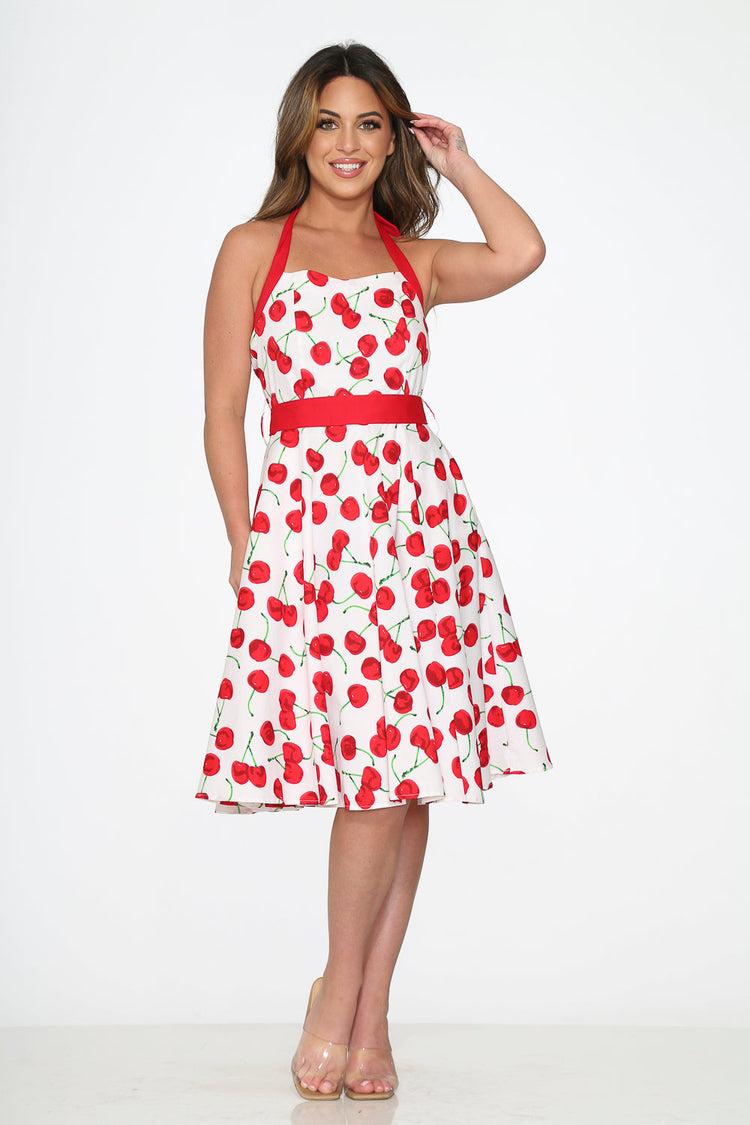 White Red Cherry Halter Swing Dress Product Image