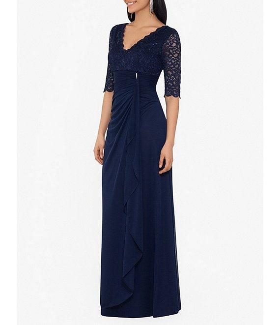 Betsy & Adam Sequin Lace V-Neck 3/4 Sleeve Gown Product Image