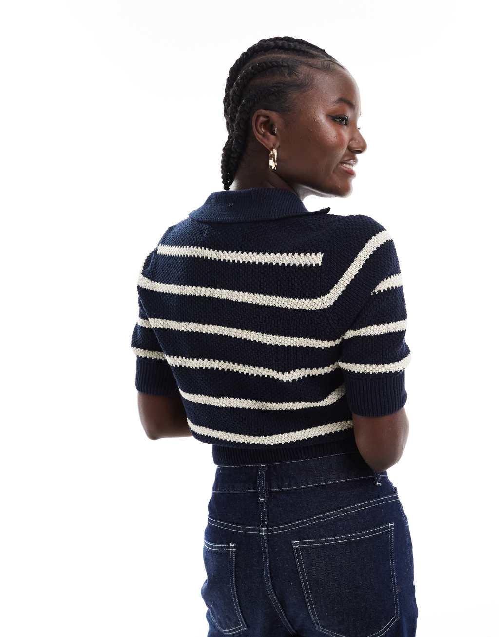 Vero Moda cotton knit striped polo top in navy Product Image