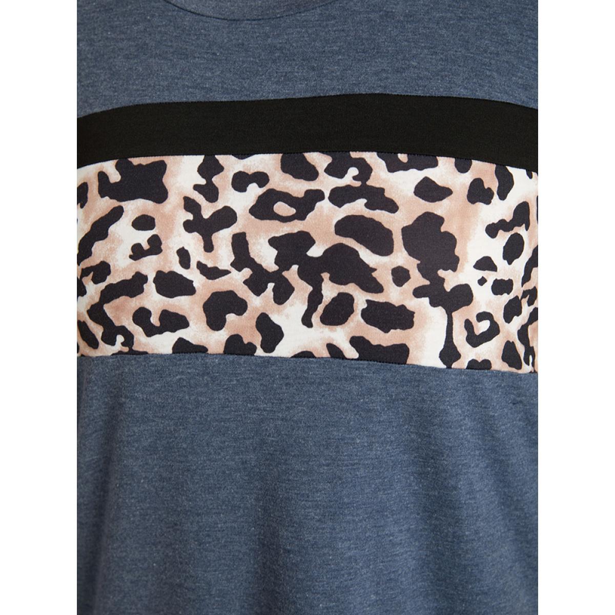 Plus Size Leopard Heather Patchwork Crew Neck T-shirt Blue Women Casual Patchwork Patchwork Round Neck Dailywear T-shirts BloomChic 12/L Product Image