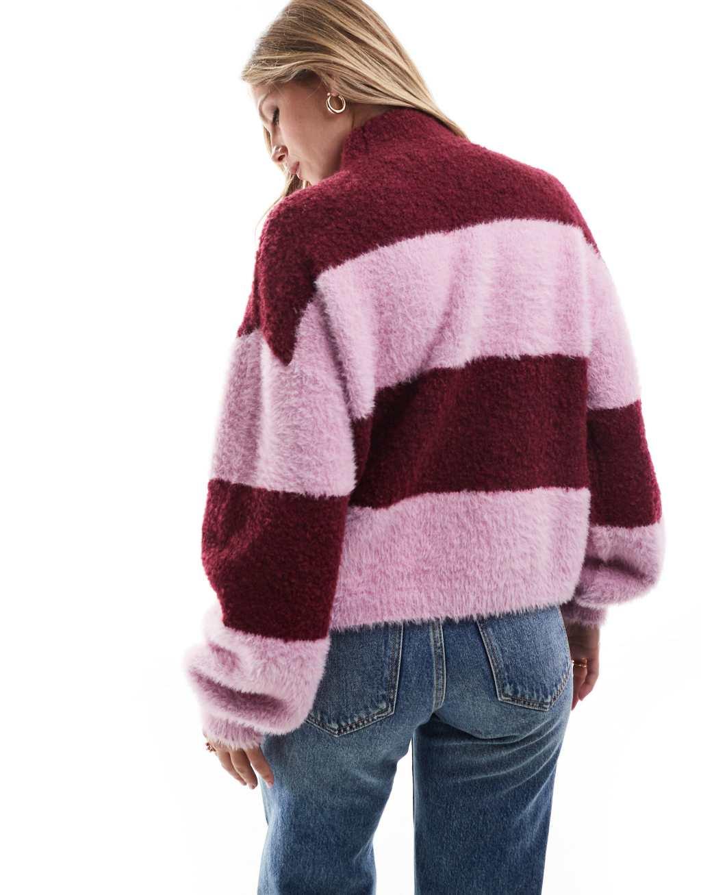 Brave Soul high neck sweater in burgundy and lilac stripe  Product Image