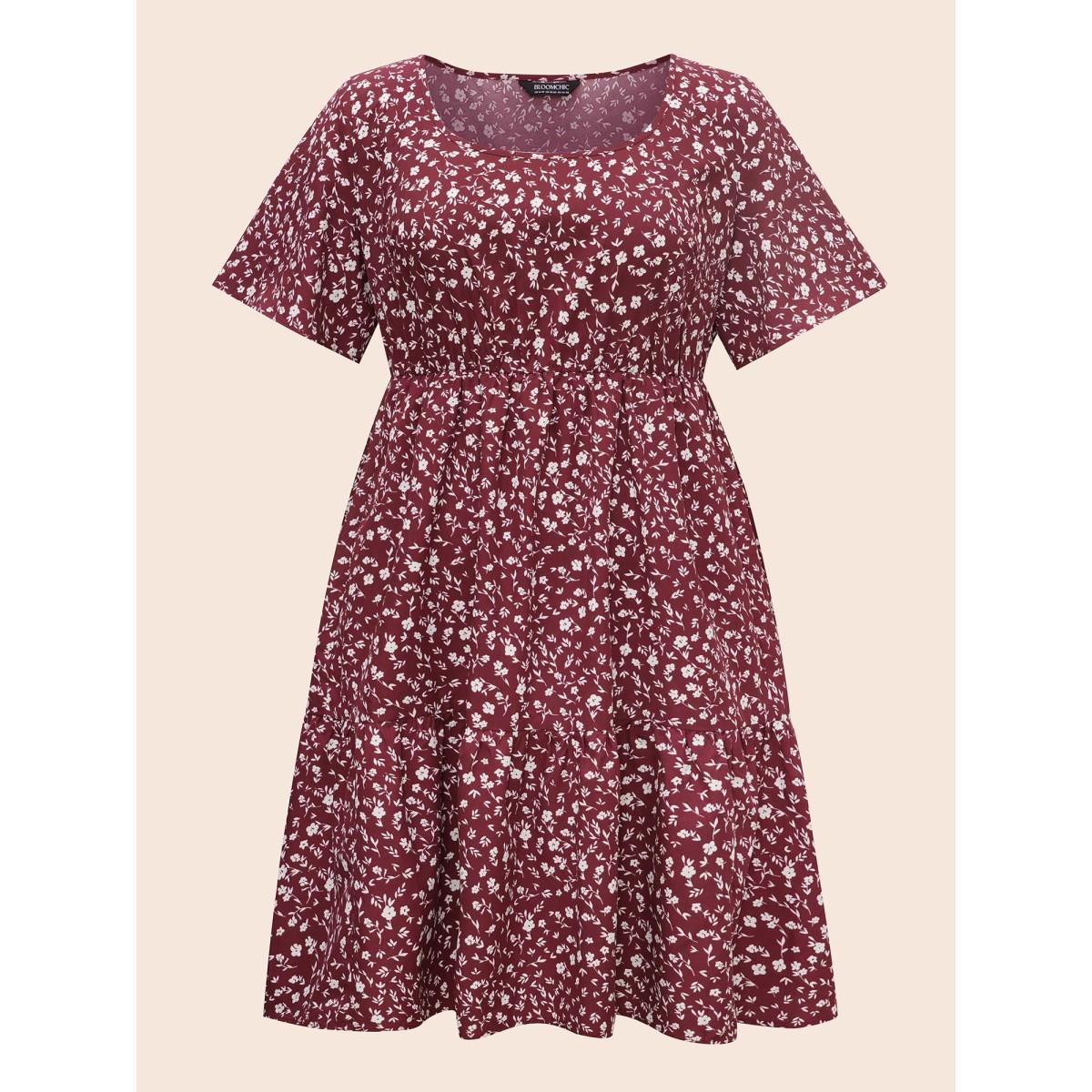 Plus Size Ditsy Floral U Neck Ruffle Sleeve Dress Burgundy Women Elegant Non U-neck Short sleeve Curvy BloomChic 10/M Product Image