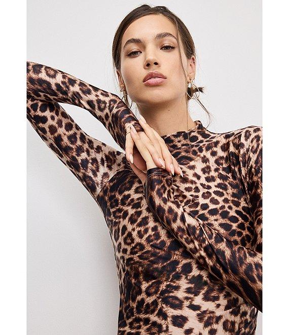 Good American Leopard Print Satin Shine Mock Neck Long Sleeve Bodycon Dress Product Image