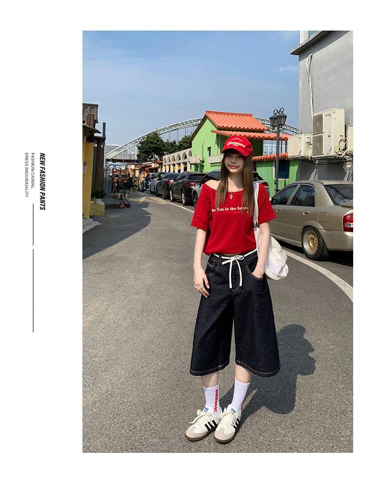 High Waist Plain Wide Leg Jorts Product Image