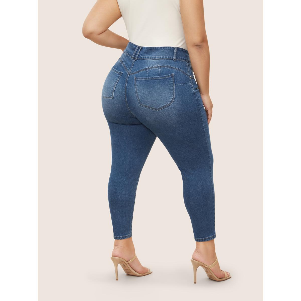 Plus Size Medium Wash Slim Cropped Jeans Women Blue Casual Button High stretch Slanted pocket Jeans BloomChic 18/2X Product Image