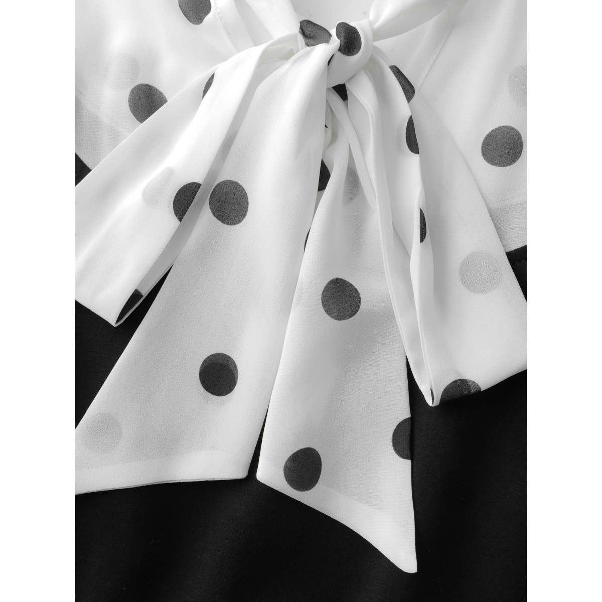 Plus Size Polka Dot Neck Tie Midi Dress Black Women Retro Ribbon-tied collar Long Sleeve Curvy BloomChic 28/5X Product Image