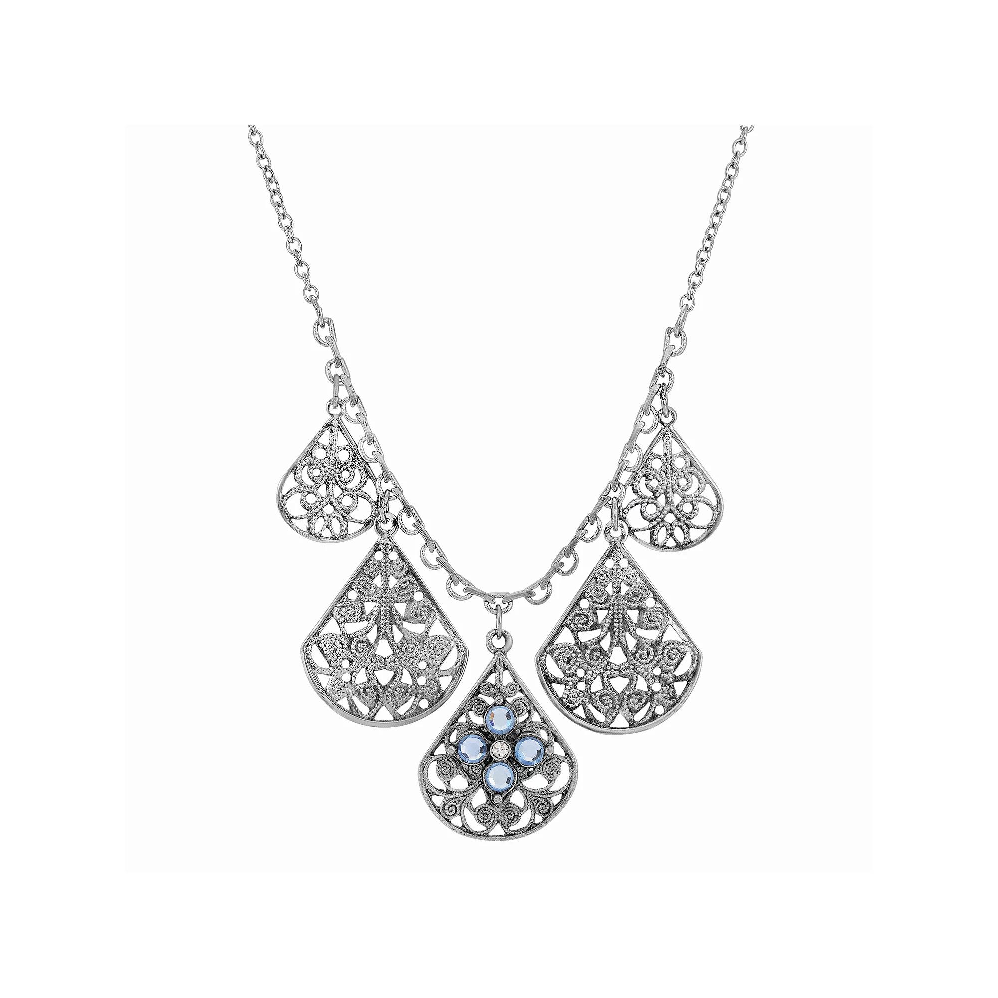 1928 Pewter Crystal Flower Filigree Teardrop Statement Necklace, Womens, Pink Product Image