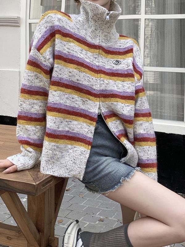 Striped Double Zip Lapel Neck Knit Cardigan Product Image