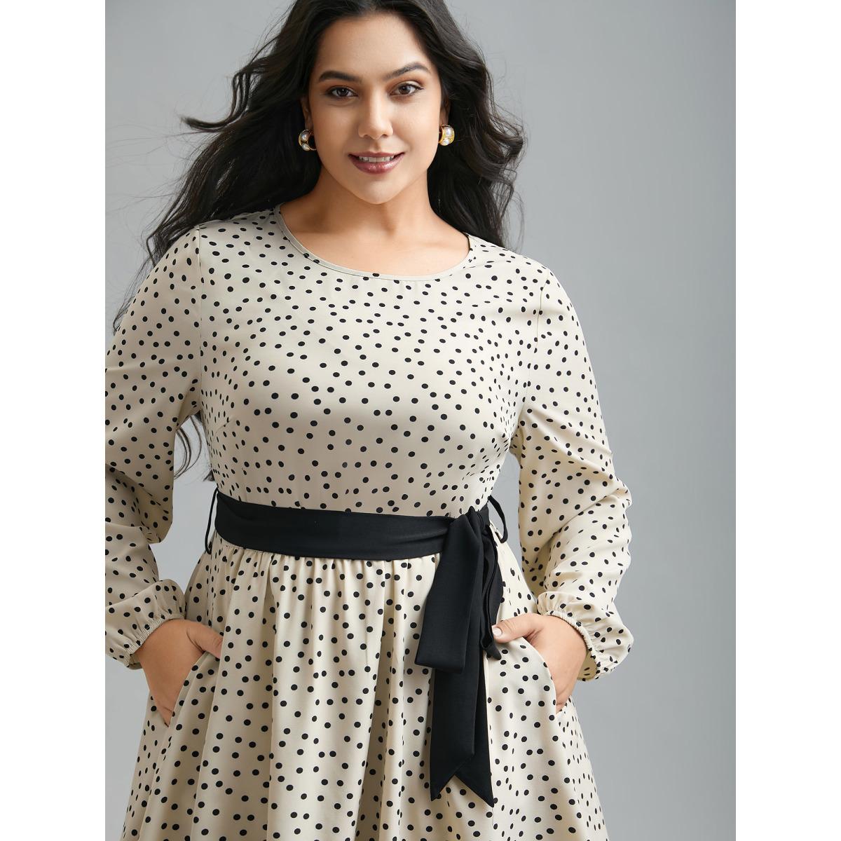 Plus Size Round Neck Polka Dot Waist-Tie Midi Dress Apricot Women Elegant Belted Round Neck Long Sleeve Curvy BloomChic 30/6X Product Image