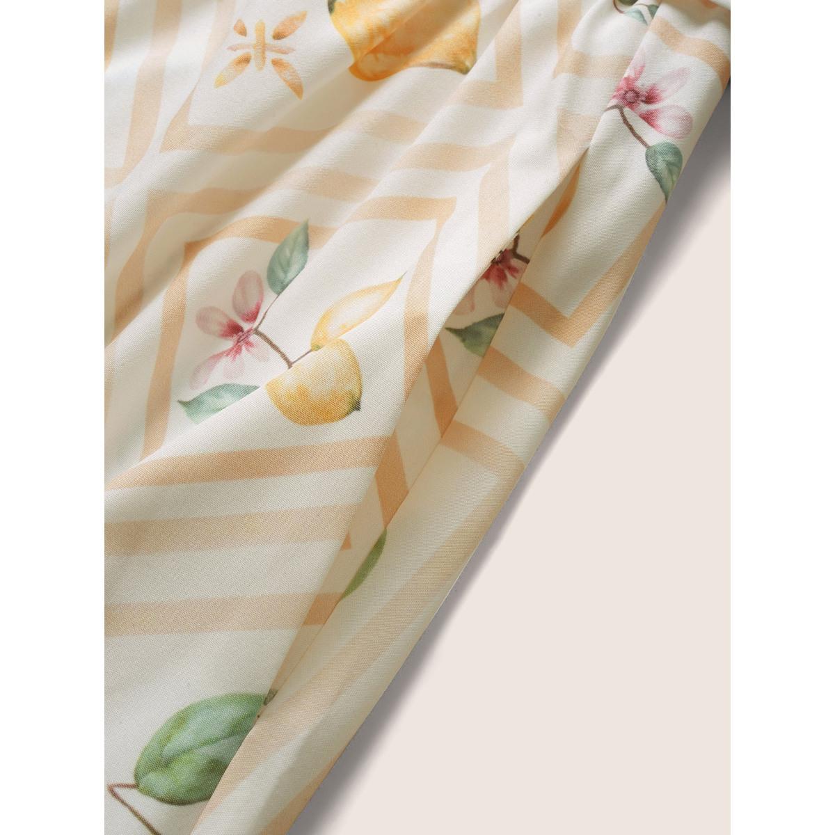 Plus Size Citrus Lemon Print Gathered Belted Tank Dress Ivory Women Elegant Belted V-neck Sleeveless Curvy Midi Dress BloomChic 28/5X Product Image