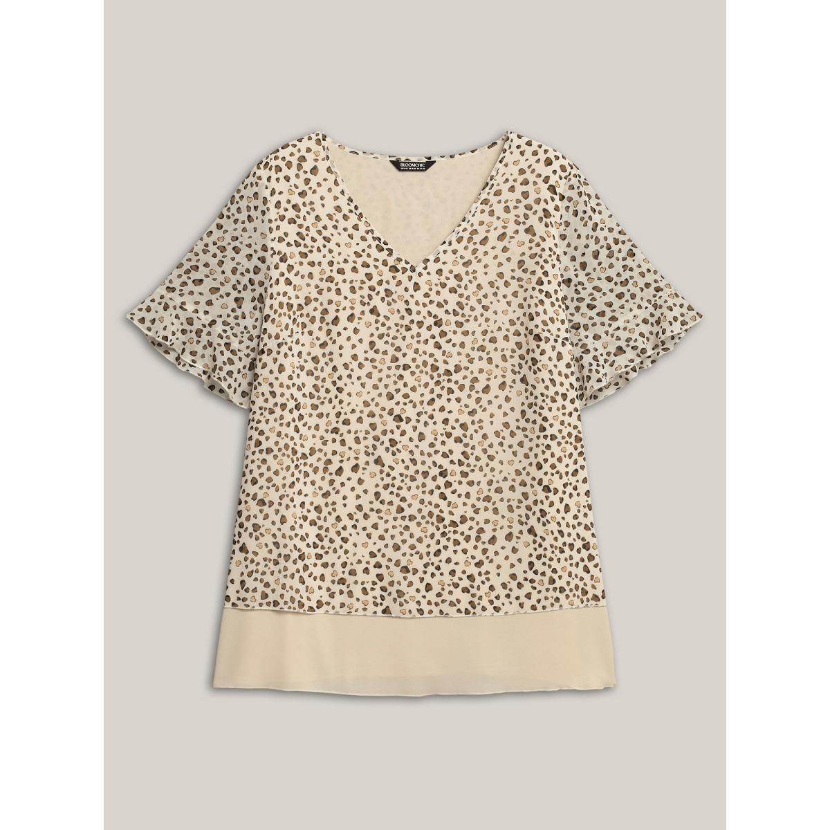 Plus Size LightBrown Polka Dot Print Ruffled V-Neck Layered Shirt Women Leisure Half Sleeve V-neck Casual Blouses BloomChic 14-16/1X Product Image