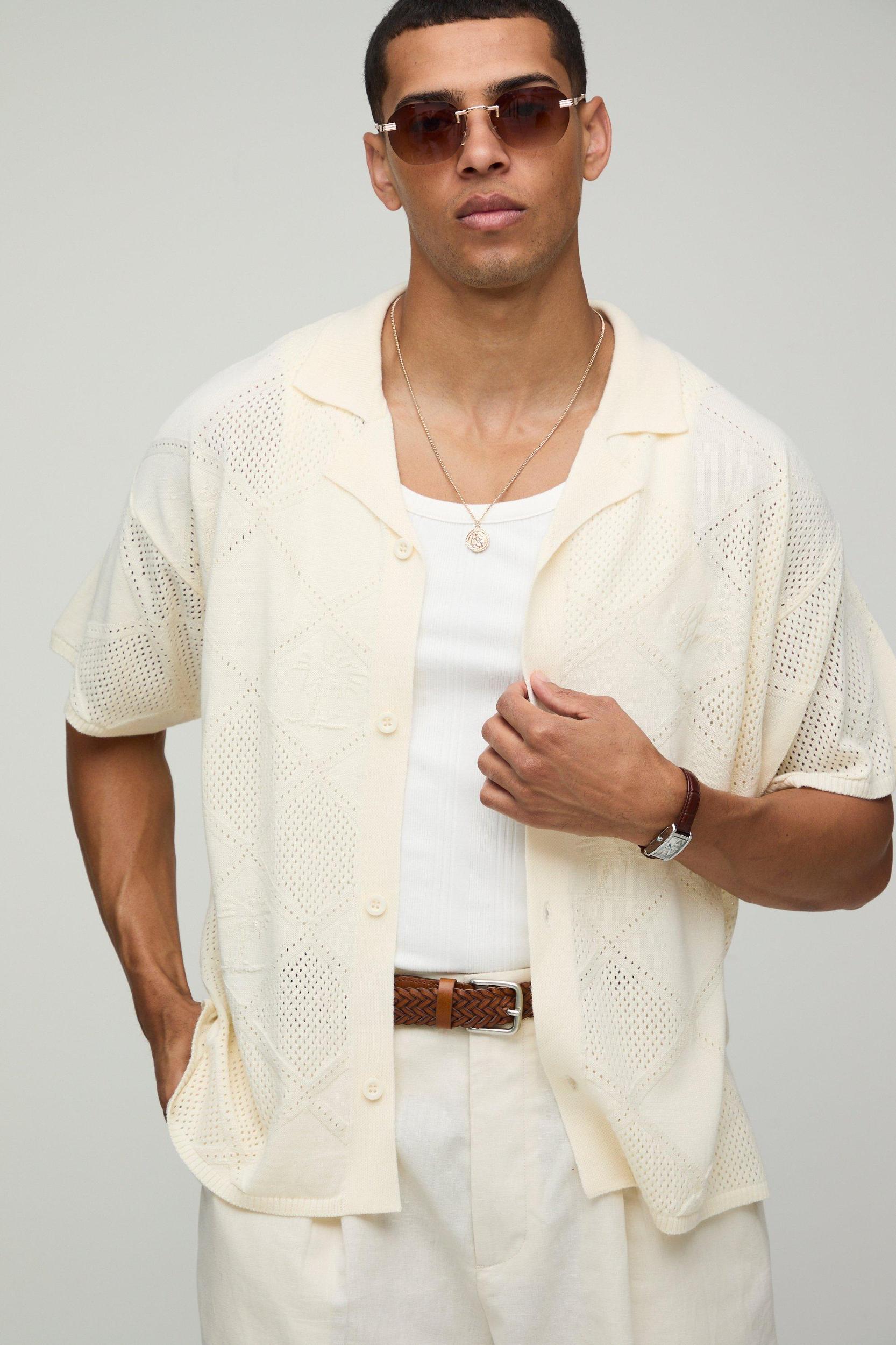 Pour Homme Boxy Fit Patchwork Knitted Shirt | boohooMAN USA Product Image