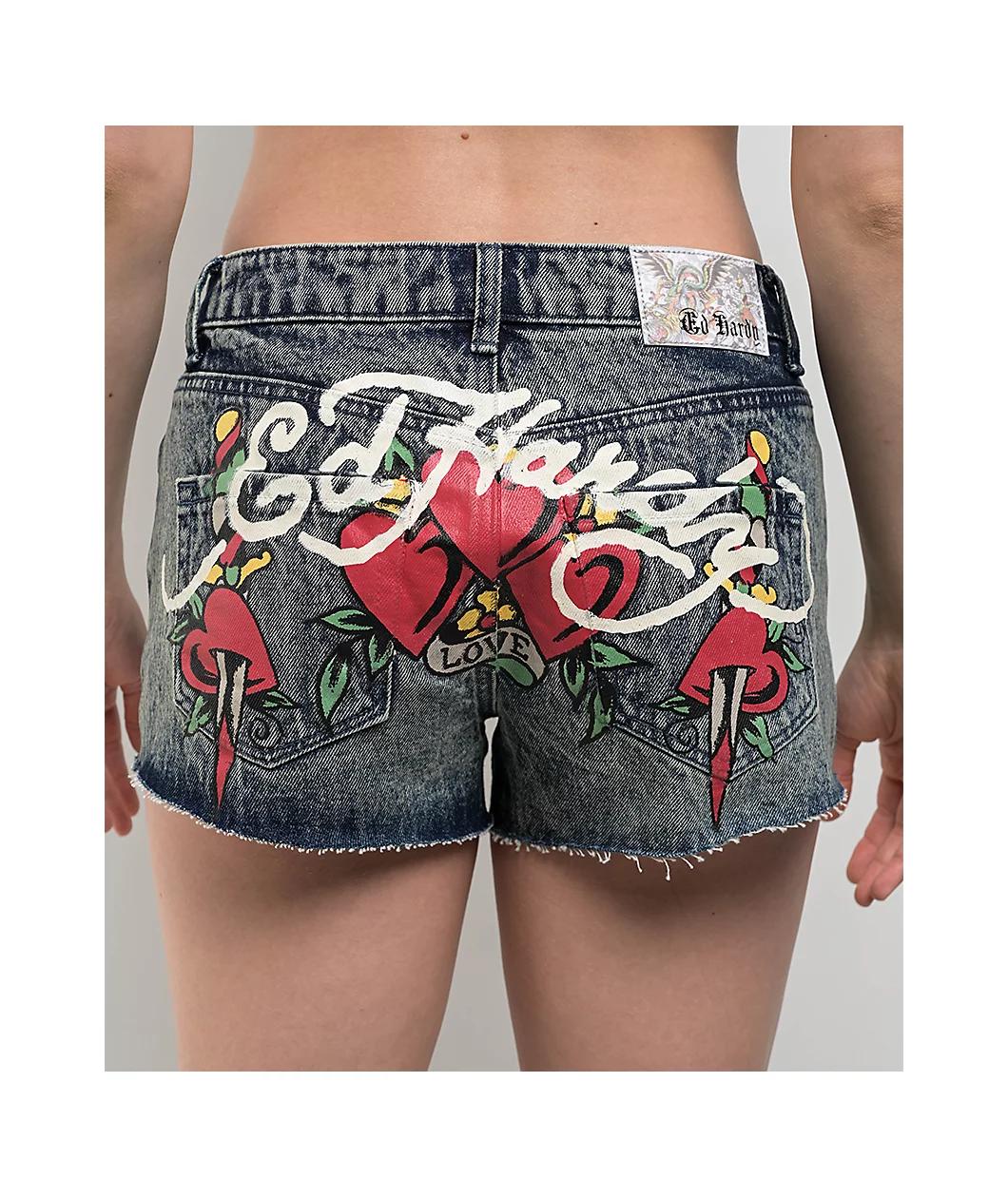 Ed Hardy Heart Dagger Blue Wash Denim Cutoff Shorts Product Image