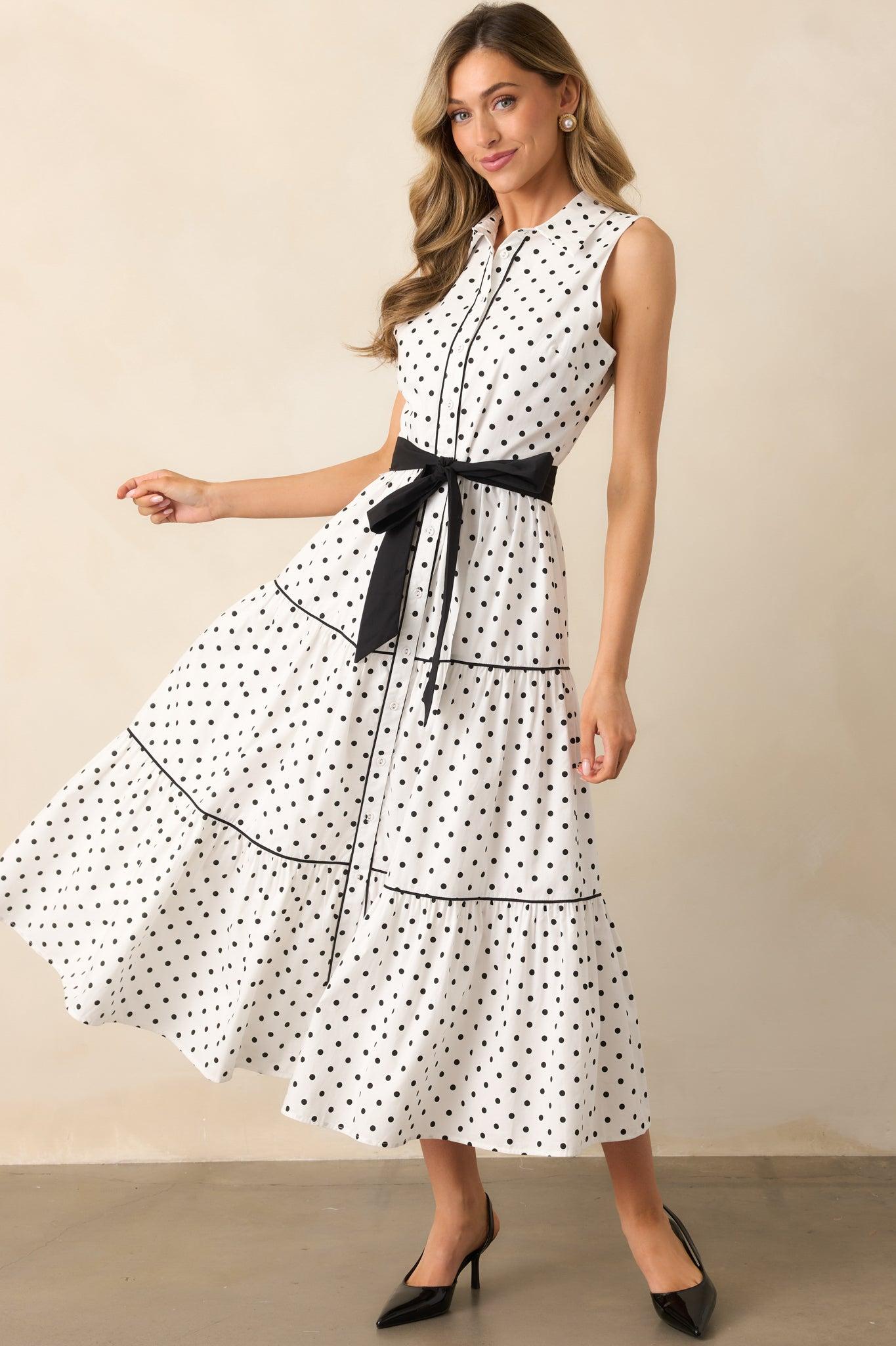 Where We Left Off White Cotton Polka Dot Maxi Shirt Dress Product Image