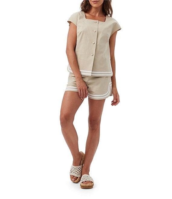 Trina Turk Valence Stretch Linen Blend Square Neck Cap Sleeve Button Front Top Product Image