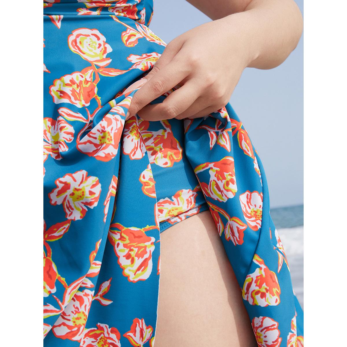 Plus Size Floral Contrast Crossover Front Ruffles Adjustable Straps Swim Dress Women's Swimwear Blue Vacation Bodycon High stretch Curve Swim Dresses BloomChic 28/5X Product Image