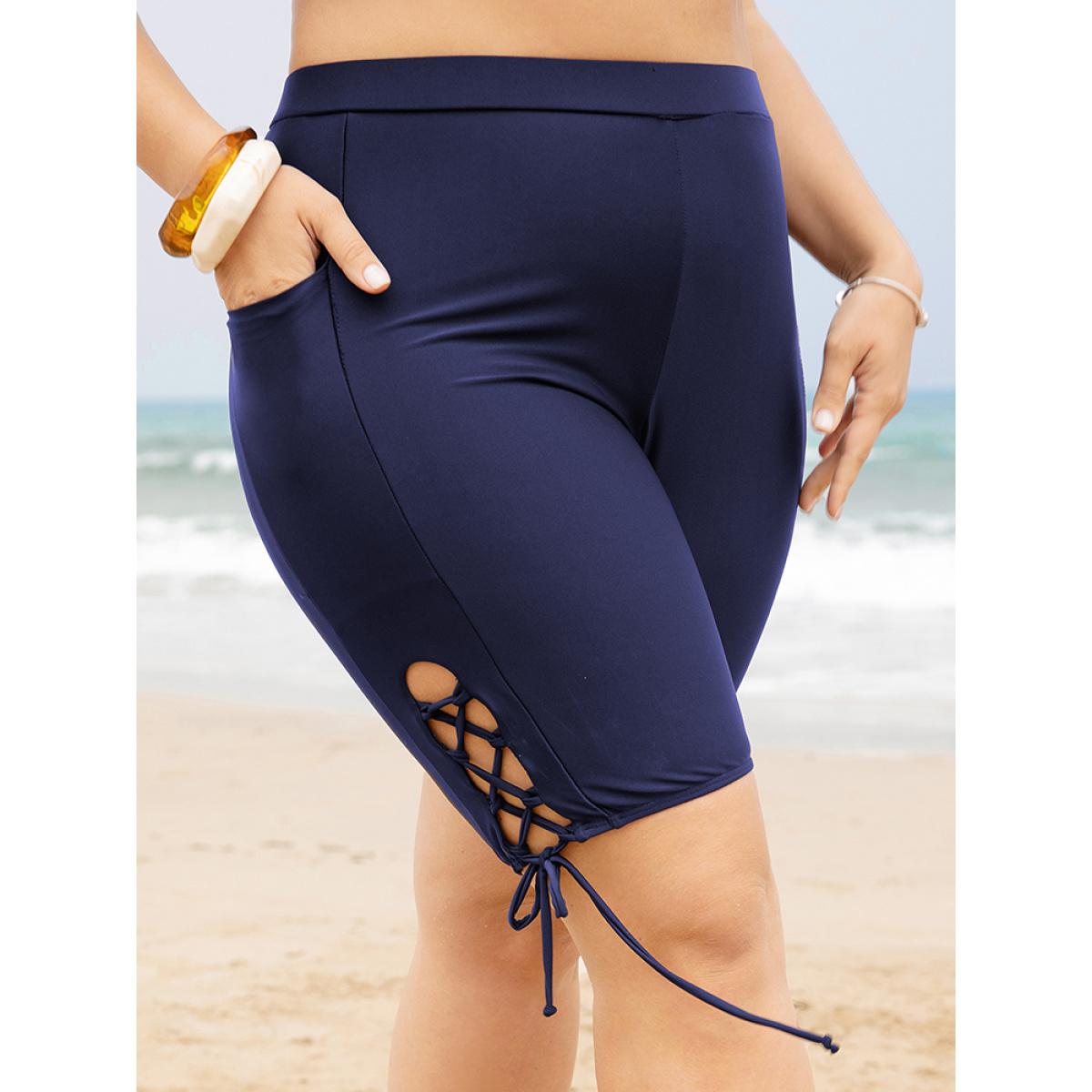 Plus Size Pocket High Waist Lace Up Side Swim Shorts Women's Swimwear Indigo Vacation Plain High stretch Skinny High Rise Pocket Curve Swim Bottoms BloomChic 18-20/2X Product Image