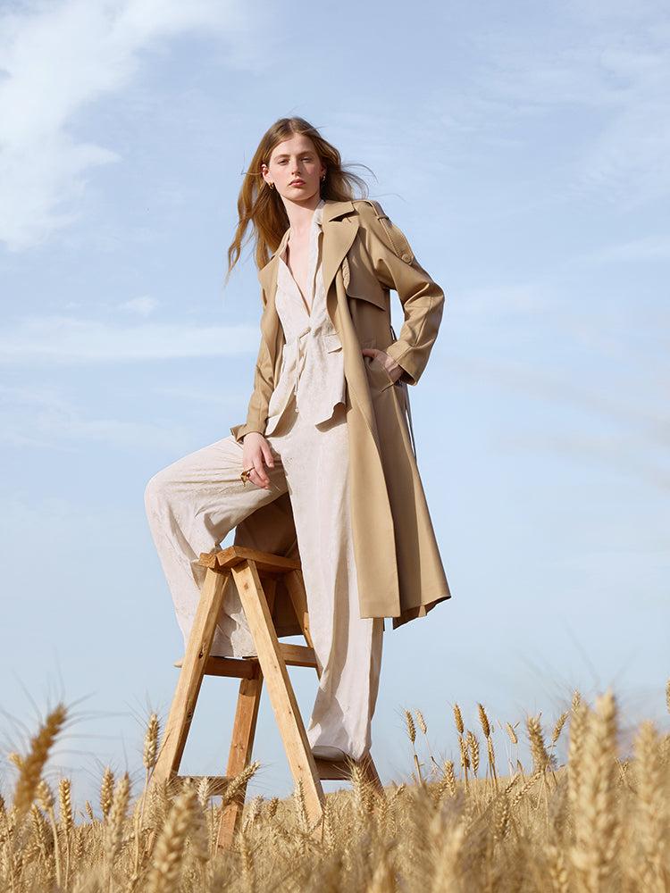 Worsted Wool Lapel Women Trench Coat With Belt Product Image