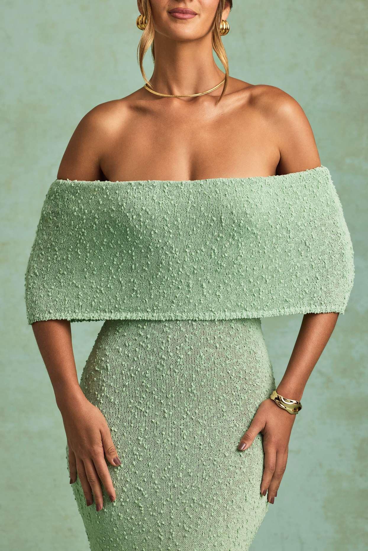 Bouclé Off-Shoulder Maxi Dress in Mint Girls Product Image
