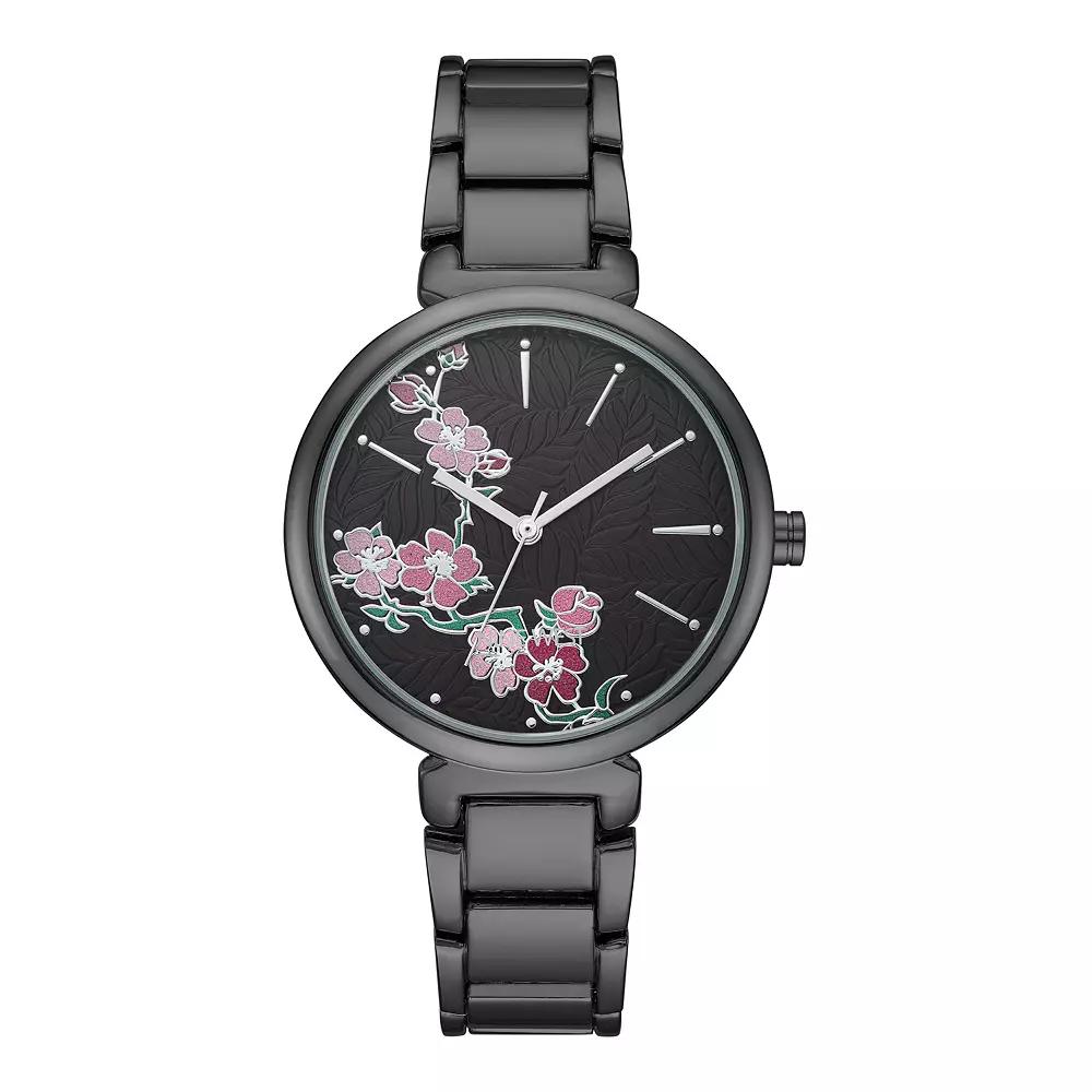 Nine West Women's Pink Flower Dial Gun Metal Bracelet Watch, Grey Product Image