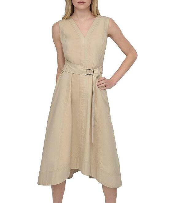 DKNY by Donna Karan V-Neck Sleeveless Self Belt Cotton Blend Midi Dress Product Image