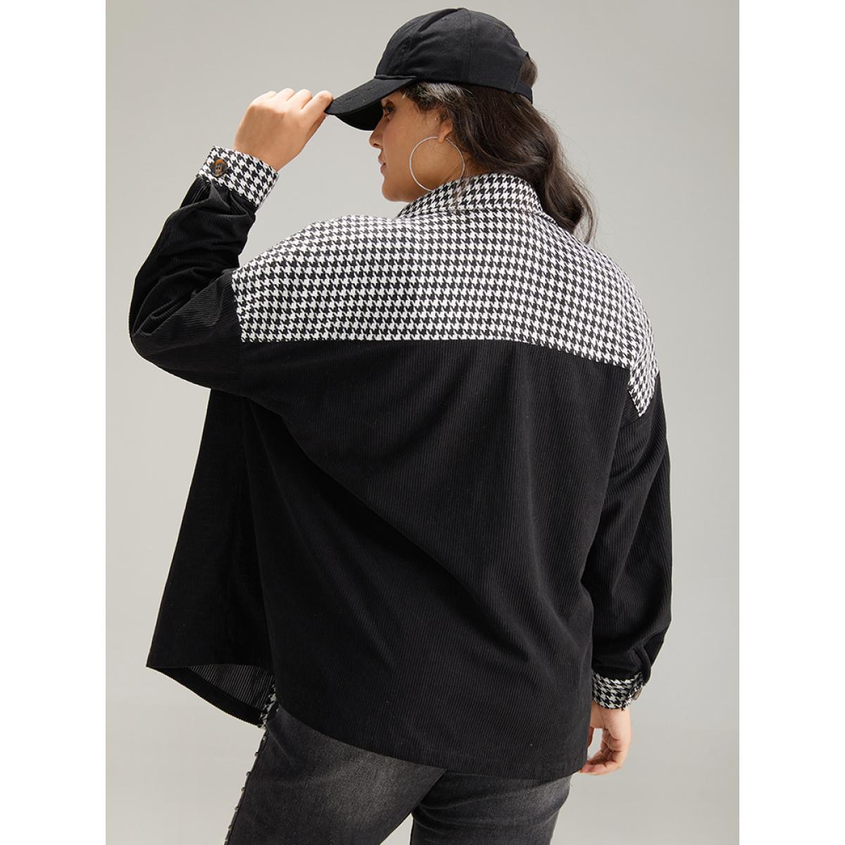 Plus Size Houndstooth Patchwork Pocket Button Through Corduroy Coat Women Black Casual Contrast Ladies Dailywear Winter Coats BloomChic 22-24/3X Product Image