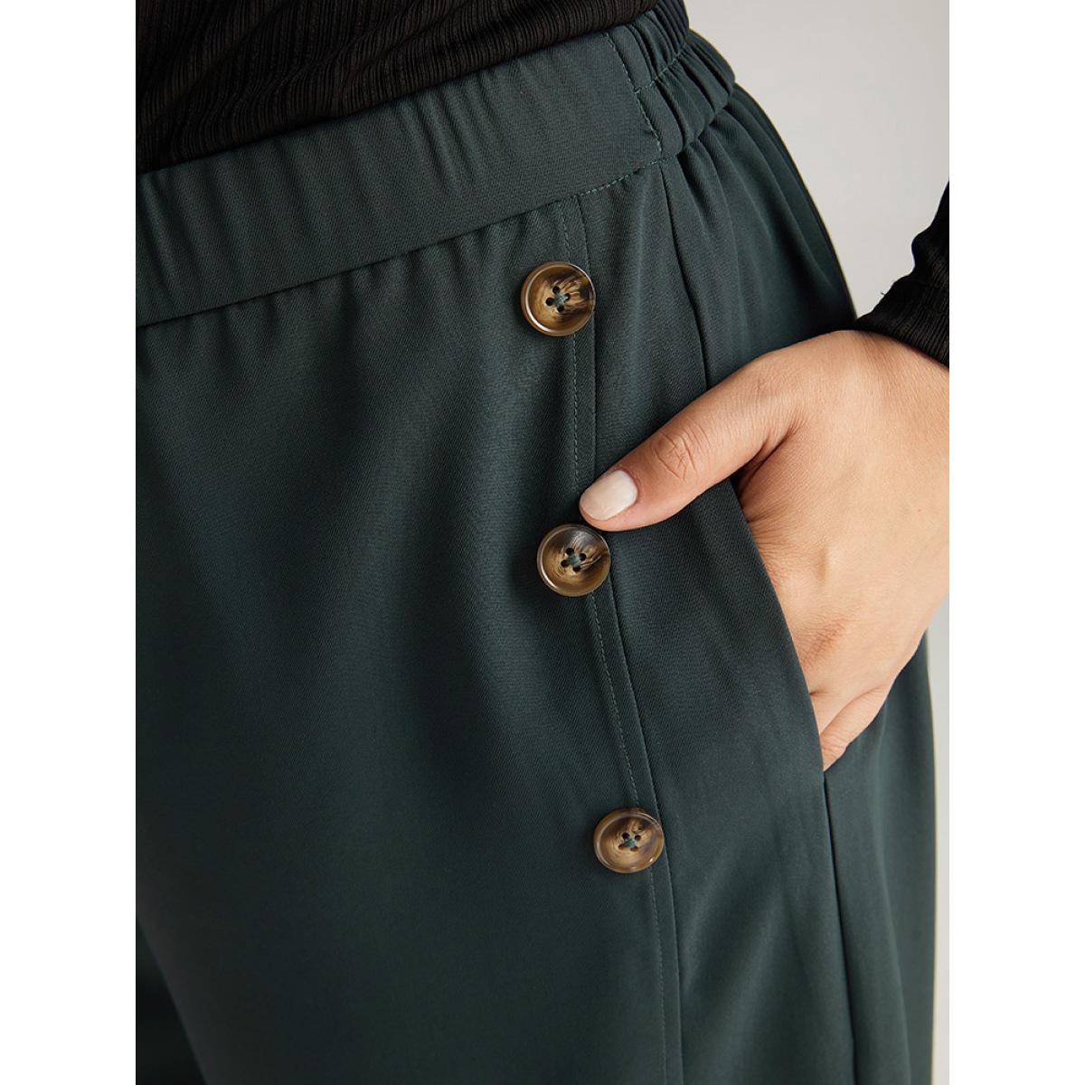 Plus Size Anti-Wrinkle Plain Button Detail Wide Leg Pants Women DarkGreen Office Wide Leg High Rise Work Pants BloomChic 14-16/1X Product Image