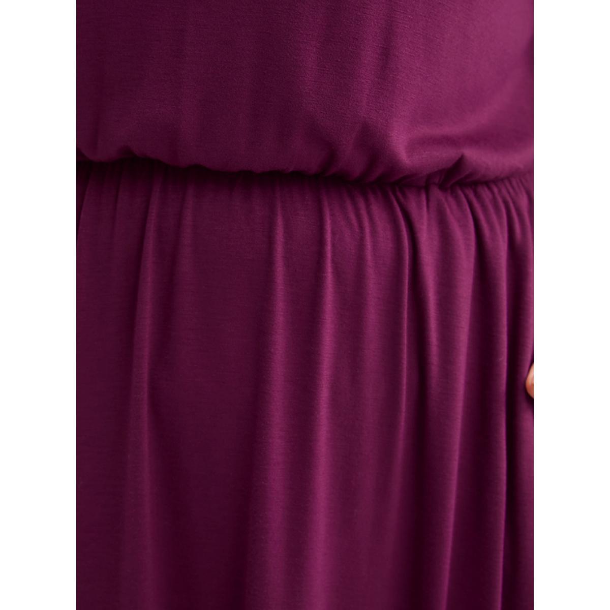 Plus Size Solid Frill Trim Shirred Lantern Sleeve Pocket Flutter Maxi Dress Purple Women Elegant Pocket Round Neck Long Sleeve Curvy Long Dress BloomChic 10/M Product Image
